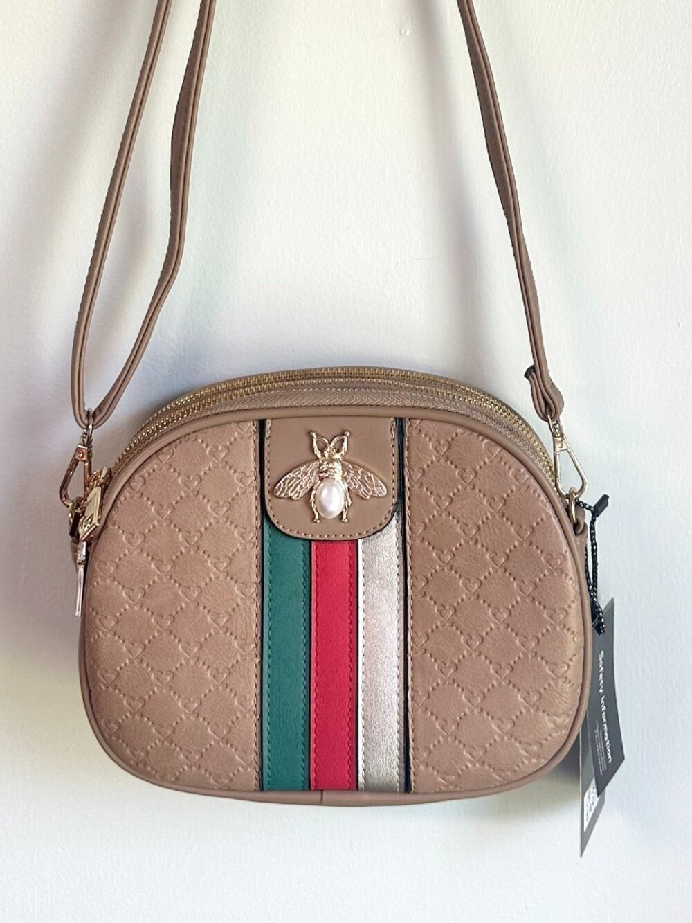 NWT Taupe Bee Emblem Triple-Zip Crossbody Bag